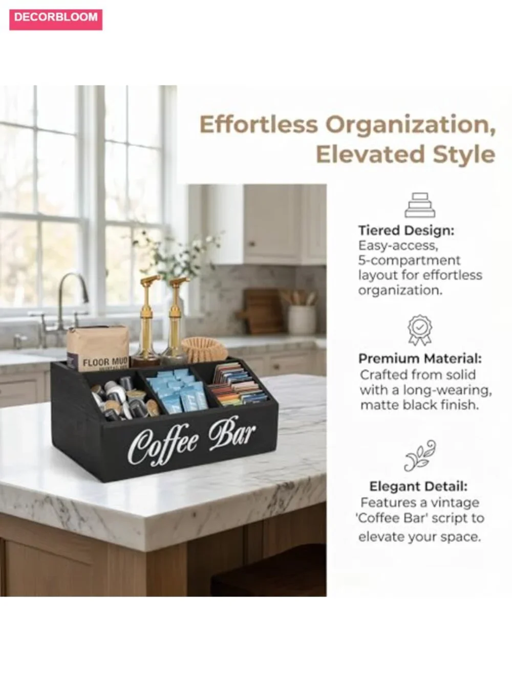 Double Layer Coffee Station Organizer with Drawers, Natural Solid Wood